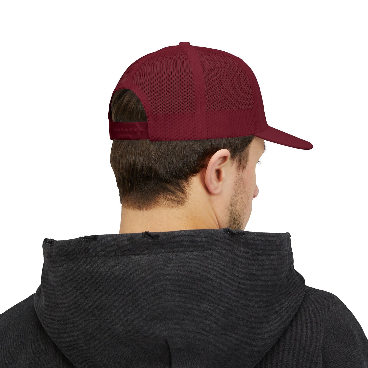 Cutesy Mesh Snapback Trucker Cap — Burgundy (White Outline Monogram)