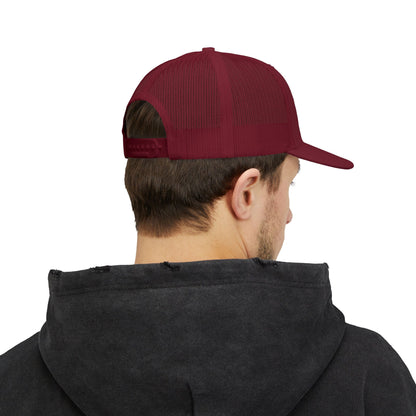 Cutesy Mesh Snapback Trucker Cap — Burgundy (White Outline Monogram)
