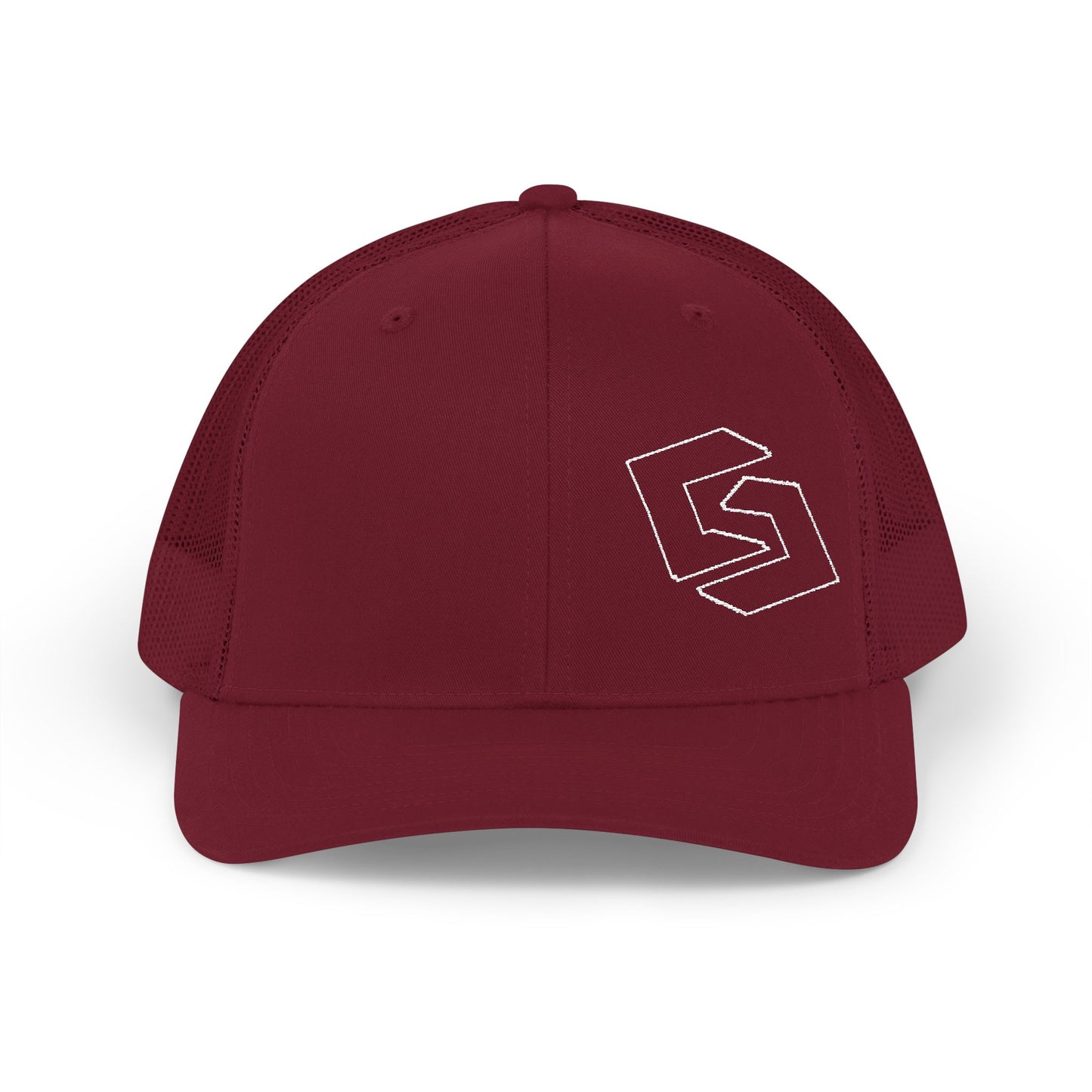 Cutesy Mesh Snapback Trucker Cap — Burgundy (White Outline Monogram)