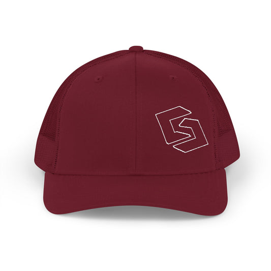 Cutesy Mesh Snapback Trucker Cap — Burgundy (White Outline Monogram)