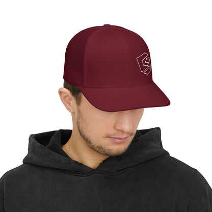 Cutesy Mesh Snapback Trucker Cap — Burgundy (White Outline Monogram)