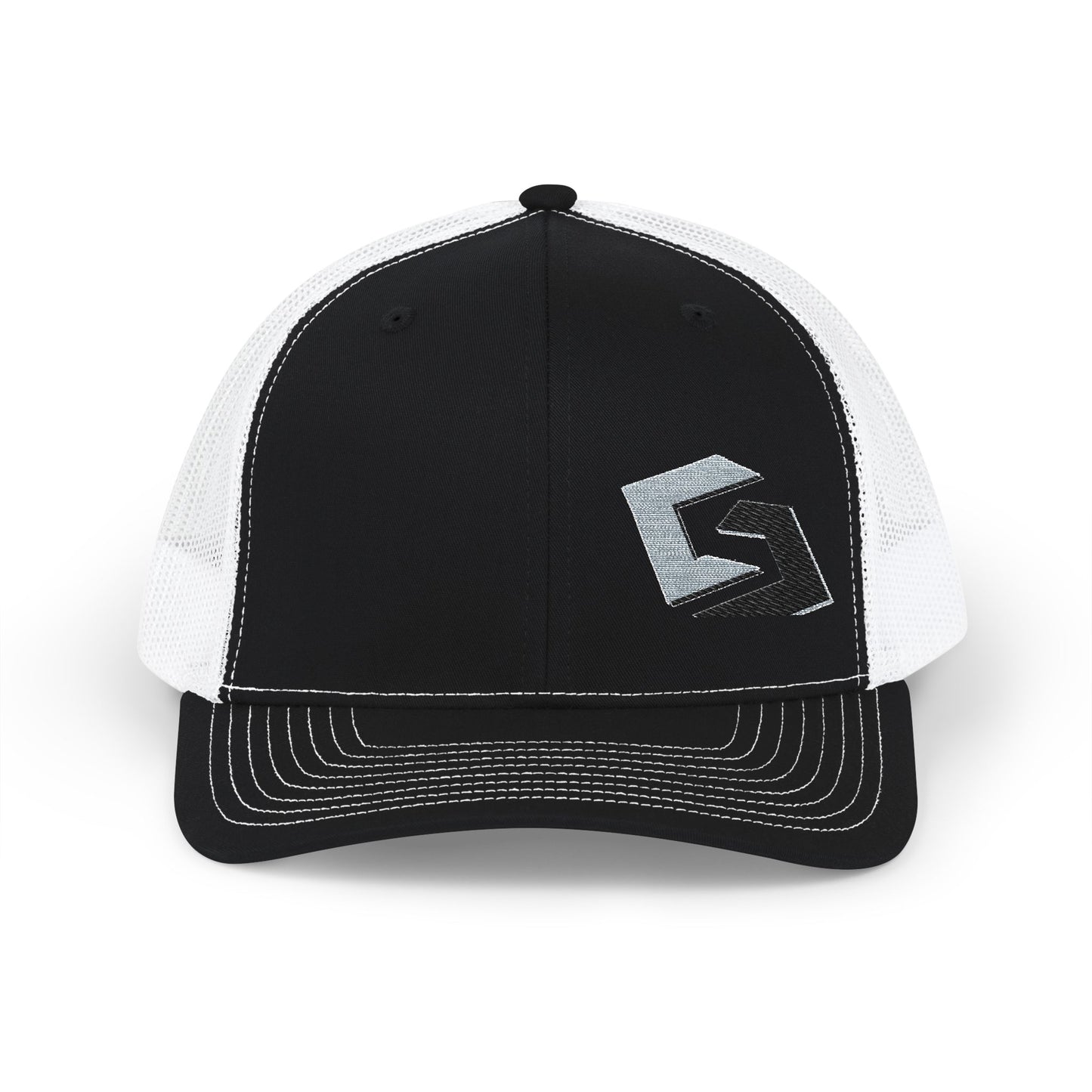 Cutesy Mesh Snapback Trucker Cap — Black/White (Embroidered “C” Monogram)