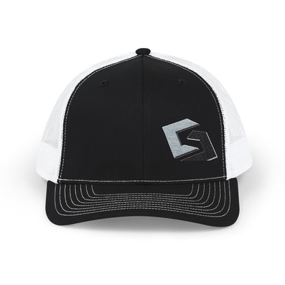 Cutesy Mesh Snapback Trucker Cap — Black/White (Embroidered “C” Monogram)