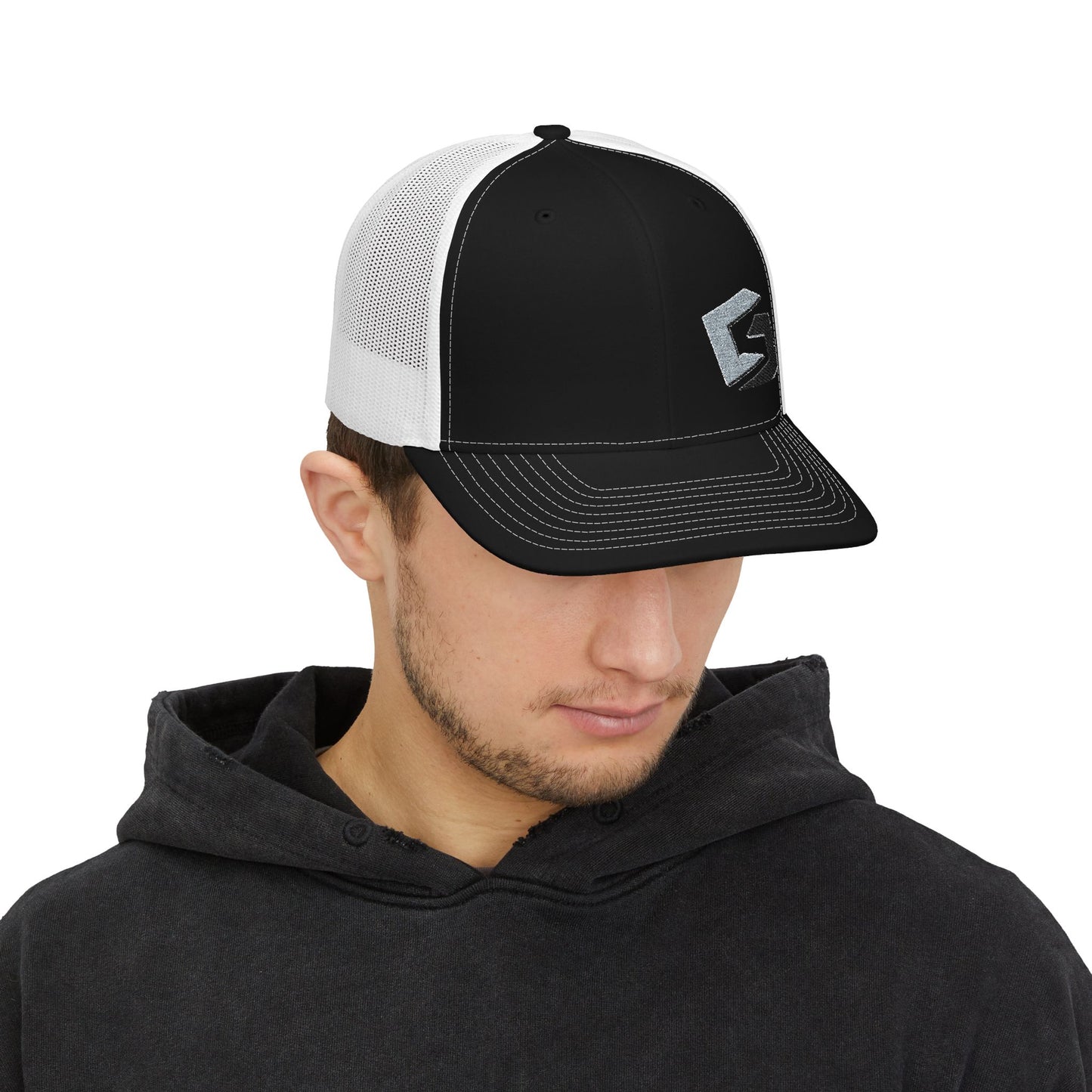 Cutesy Mesh Snapback Trucker Cap — Black/White (Embroidered “C” Monogram)