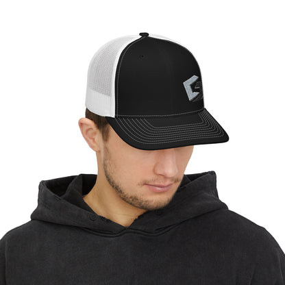 Cutesy Mesh Snapback Trucker Cap — Black/White (Embroidered “C” Monogram)